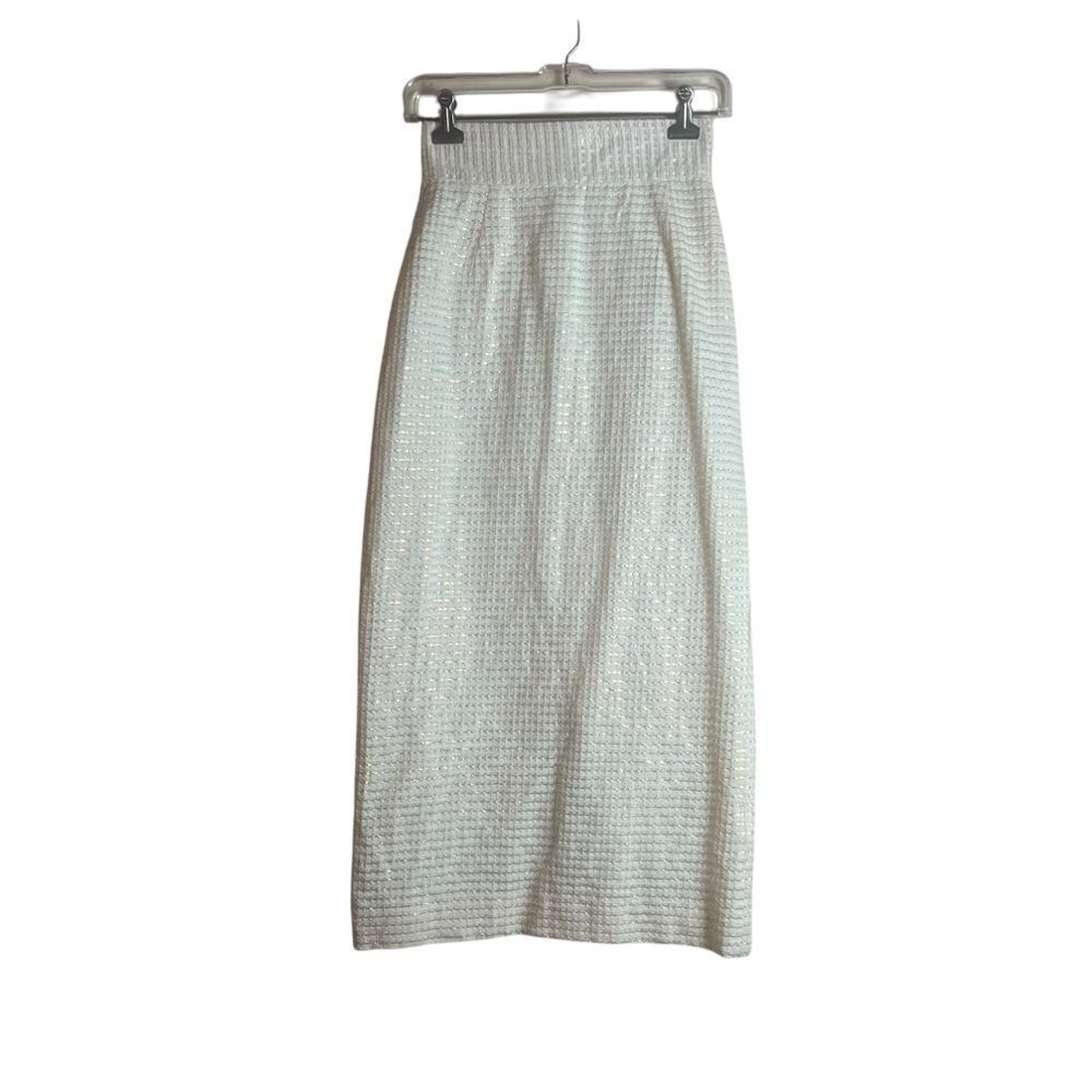 Off-White 100% Pure Wool Midi Skirt | Lined Back Zip Metallic Detail (Unbranded)